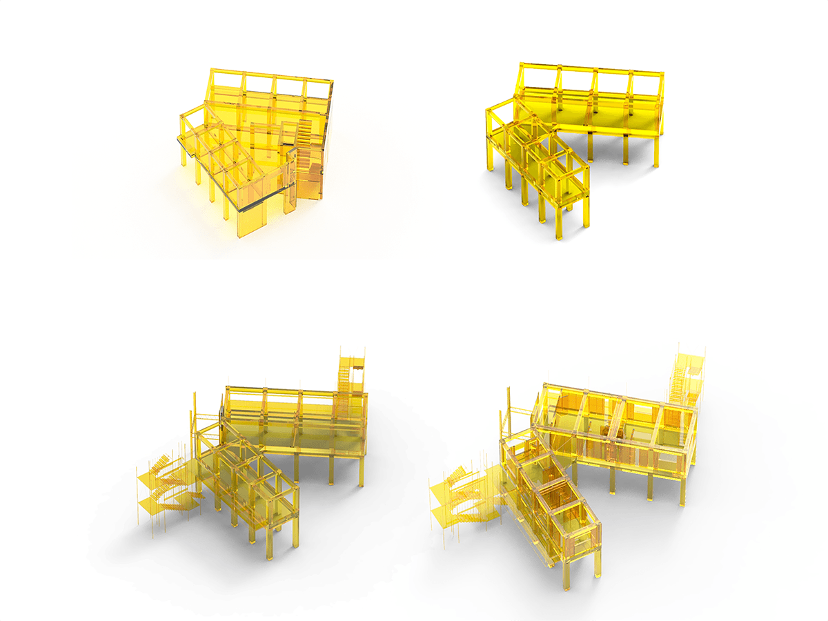 3D Printed models of the installation process from top left (existing) to bottom right (proposed)